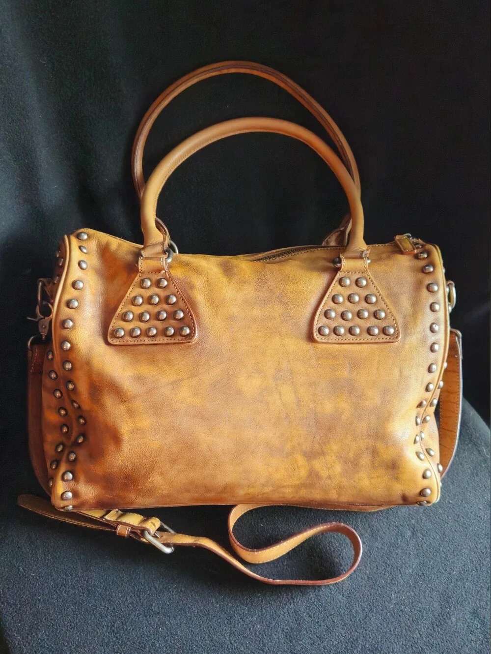 Unbranded Studded Tan Distressed Faux Leather Satchel Handbag w/Crossbody Strap
